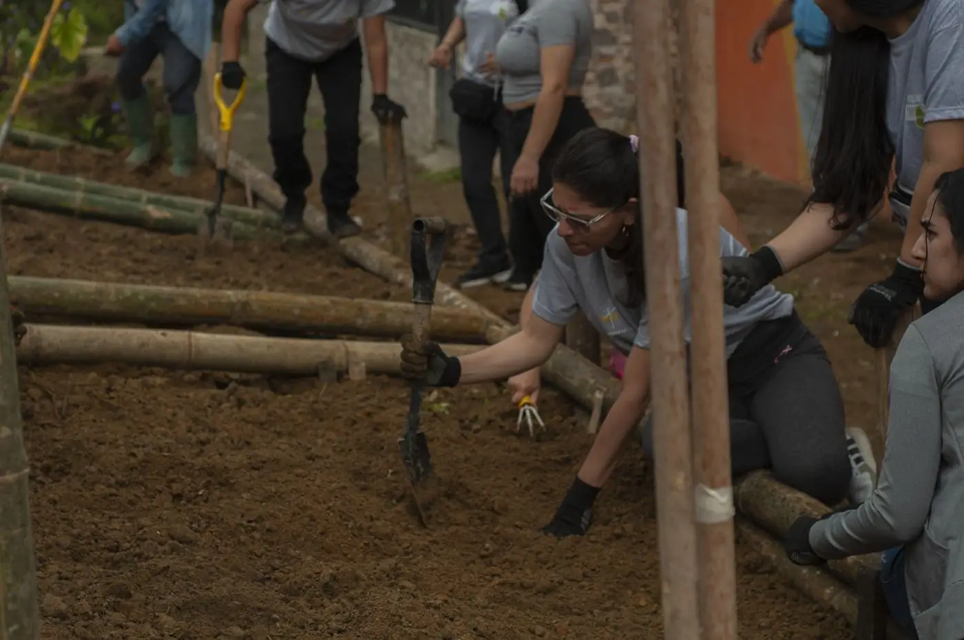 Voluntarios armando camas de cultivo con guadua