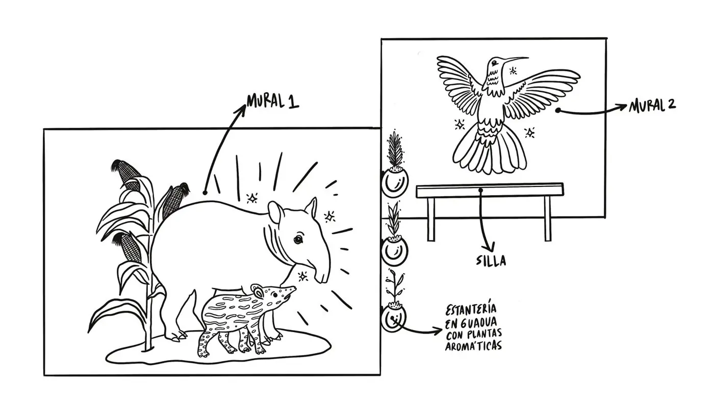 Mural del tapir con maíz y colibrí, con estantería de guadua
